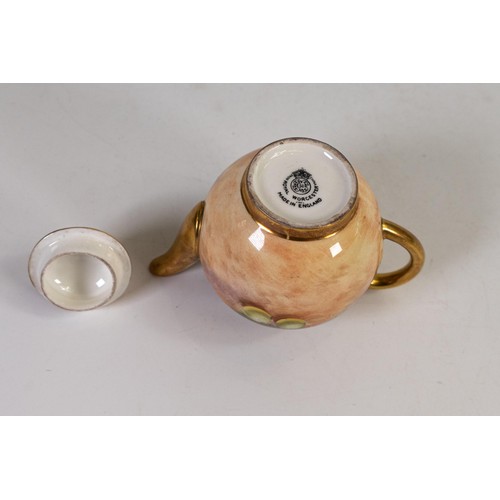 1897 - Royal Worcester miniature tea pot gilded & decorated with fruit, artist signed, black factory mark. ... 