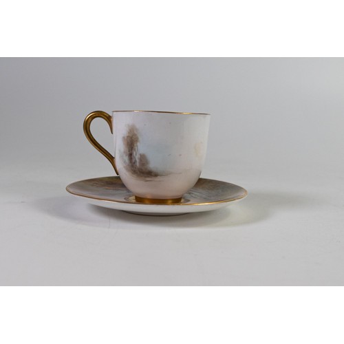 1898 - Royal Worcester coffee can and saucer decorated with pheasants by Stinton, puce factory mark, h.6cm.