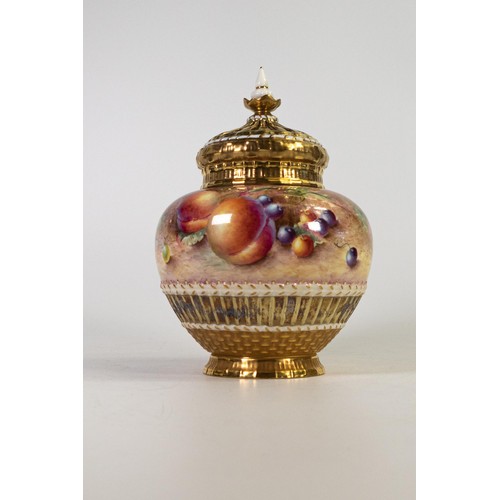 1899 - Royal Worcester potpourri basket ware vase & cover, gilded and decorated with fruit by M Johnson, sh... 