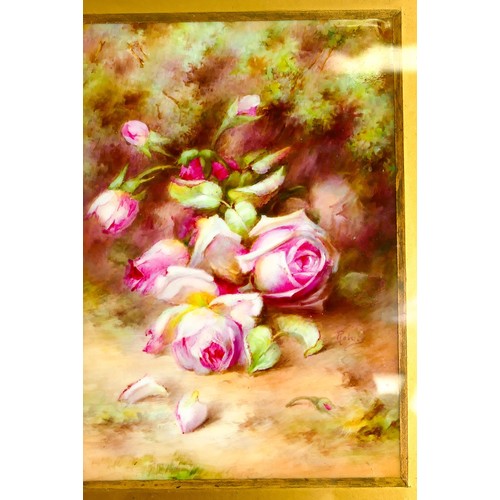 1914 - Royal Worcester rectangular plaque decorated with roses by Roberts in gilt frame, puce factory marks... 