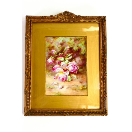 1914 - Royal Worcester rectangular plaque decorated with roses by Roberts in gilt frame, puce factory marks... 