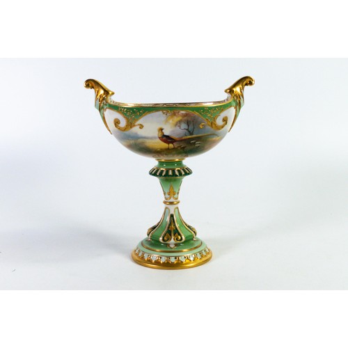 1924 - Royal Worcester Hadleys boat shaped footed comport, hand painted with golden pheasants by A Shuck, h... 