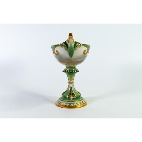 1924 - Royal Worcester Hadleys boat shaped footed comport, hand painted with golden pheasants by A Shuck, h... 