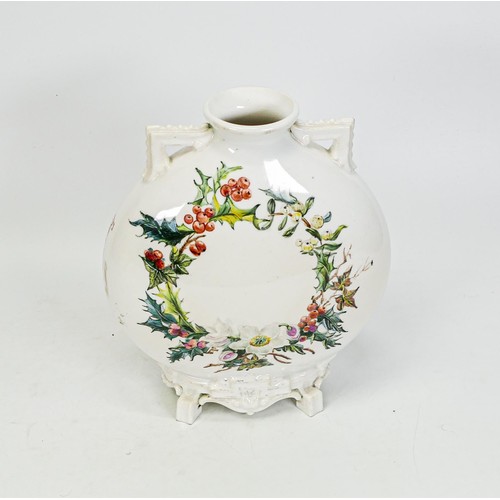 1940 - 19th century Royal Worcester Moon Flask, hand decorated with bird, flowers, foliage and hand written... 