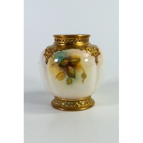 1945 - Royal Worcester blush ivory pot decorated with flowers signed M Hunt. Puce mark, height 9.5cm