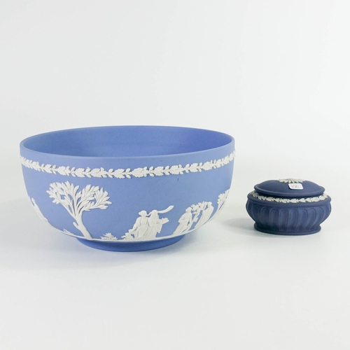 106 - Wedgwood blue Jasperware fruit bowl together with a darker blue trinklet box (2)