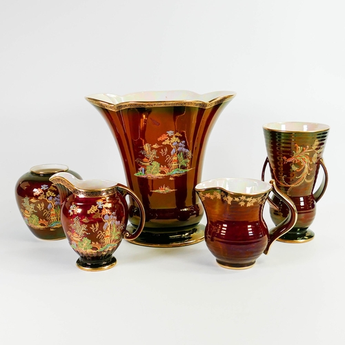 A collection of Crwon Devon rouge royalle to include Mikado flared vase ...