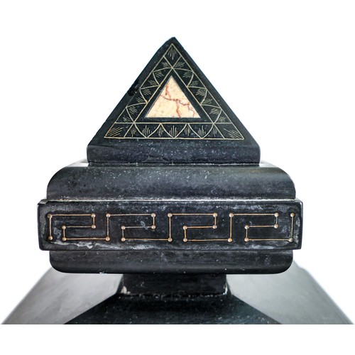 2013 - Large inlaid slate Garniture set, height of clock 42cm (a/f chip to top finial & edges of pillars)