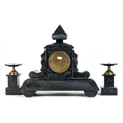 2013 - Large inlaid slate Garniture set, height of clock 42cm (a/f chip to top finial & edges of pillars)