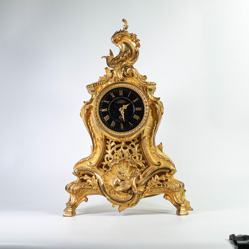 2024 - Early 20th century Louis XV style brass mantle clock, dial marked J Dusart, Brussels, missing pendul... 