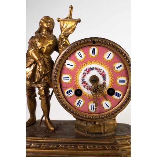 2027 - Philipe H. Mourey (1840-1920) French bronze mantle clock depicting Joan of Arc with Sevres style fon... 