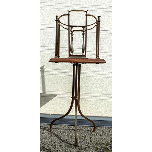 2038 - Antique brass & oak Arts & Crafts newspaper stand, height 78cm