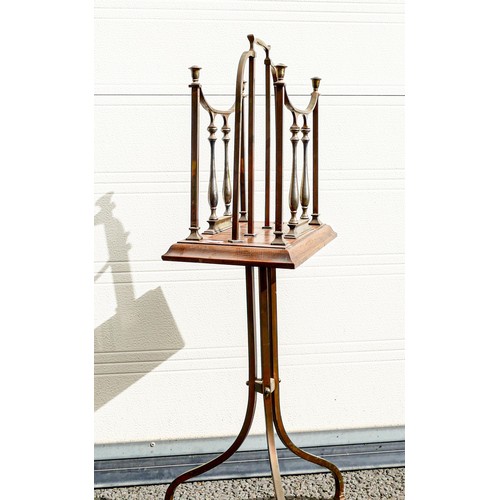 2038 - Antique brass & oak Arts & Crafts newspaper stand, height 78cm