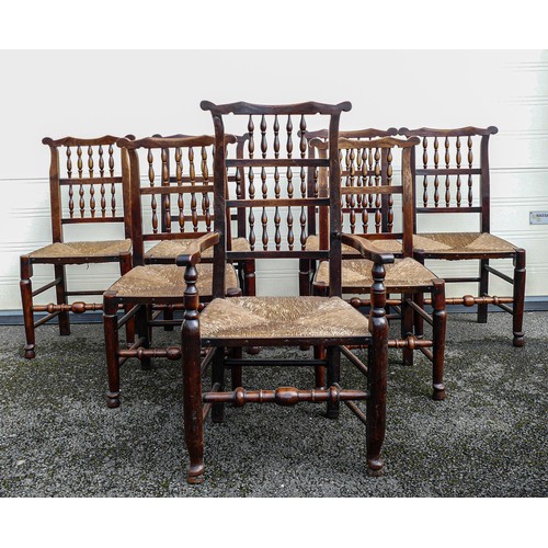 2039 - Seven 19th century rush seated Ash dining chairs including one carver (7)