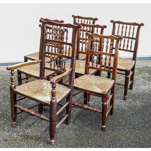 2039 - Seven 19th century rush seated Ash dining chairs including one carver (7)