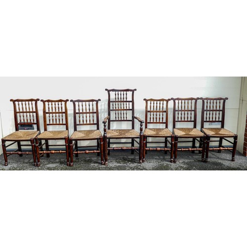 2039 - Seven 19th century rush seated Ash dining chairs including one carver (7)