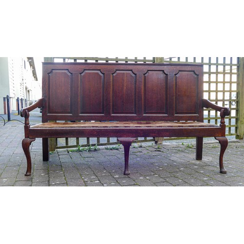 2046 - Early 19th century Oak five panel Settle on Queen Anne supports, length 182cm, height 110cm & depth ... 