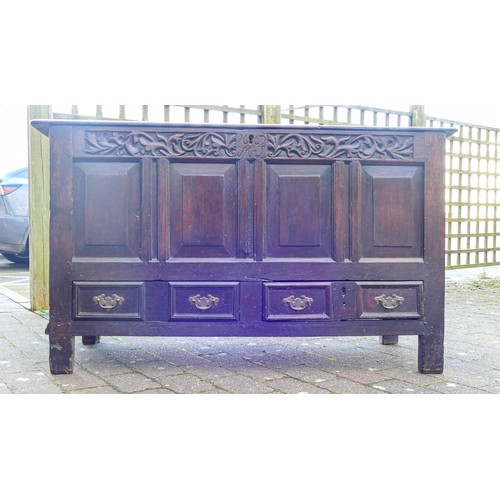 2049 - Early antique Oak 4 panel 4 drawer Mule chest, length 143cm, depth 51cm & height 83cm