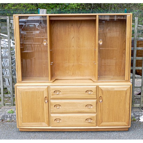 2099 - Late 20th century light coloured Ercol Windsor sideboard 2073 with display top 2161 & lighting, leng... 