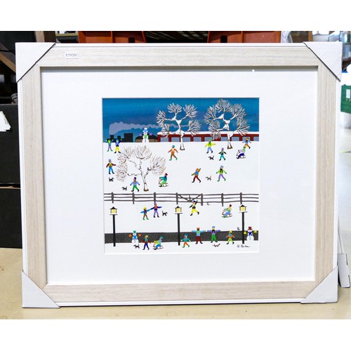 2142 - Gordon Barker (English Naïve school), 'Fun in the Snow', signed, acrylic on paper, 28.5cm x 28.5cm. ... 