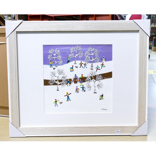 2145 - Gordon Barker (English Naïve school), 'Fun in the Snow', signed, acrylic on paper, 28.5cm x 28.5cm.