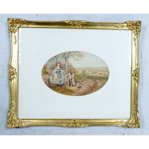 2146 - Miles Birket Foster (monogramed) oval mounted watercolour of Children On A Cart with Fox Hunt in the... 