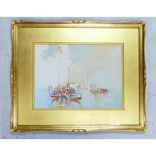 2147 - W Knox, watercolour Venetian harbour scene with Gondolas to the foreground, frame size 46cm x 56cm