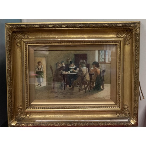 2159 - A Critchlow, watercolour painting of Cavaliers drinking, dated 1907 in gilt frame,15cm x 23cm.