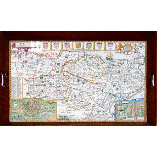 2163 - Two mahogany glazed trays framing early hand coloured maps of Kent.  Maps measuring 38cm x 50cm appx... 