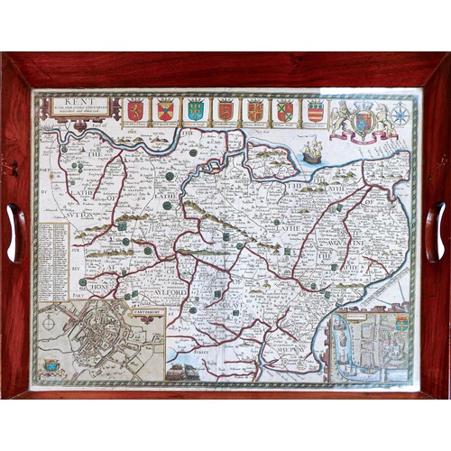 2163 - Two mahogany glazed trays framing early hand coloured maps of Kent.  Maps measuring 38cm x 50cm appx... 