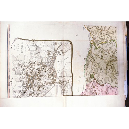 2166 - 7 x 18th century survey maps together with a watercolour signed Kenny of a city street scene, Cambri... 