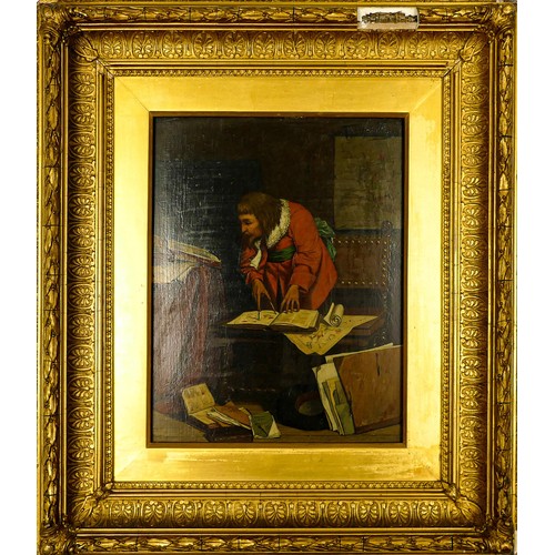 2168 - Oil on panel, 18th century or earlier depicting a cartographer or navigator studying maps in his lib... 