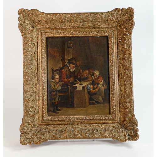 2172 - Painting. 18th century style or earlier, oil on canvas. School scene. Measures 25cm x 20.3cm. Slight... 