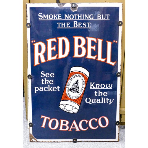 2205 - Vintage Red Bell Tobacco enamel advertising sign, 76cm x 51cm