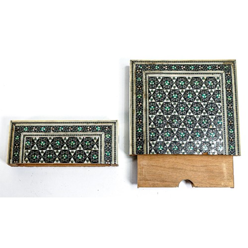 2222 - 19th century inlaid card case & earlier folding book fire cover, tallest 15cm (2)