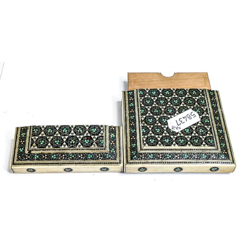 2222 - 19th century inlaid card case & earlier folding book fire cover, tallest 15cm (2)