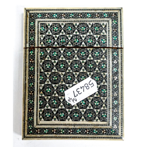 2222 - 19th century inlaid card case & earlier folding book fire cover, tallest 15cm (2)