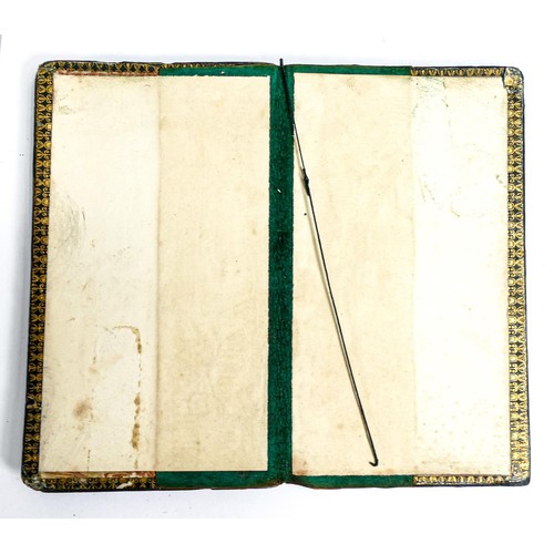 2222 - 19th century inlaid card case & earlier folding book fire cover, tallest 15cm (2)