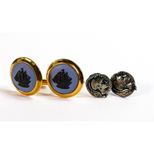 2253 - Pair of Wedgwood Jasper ware gentleman's gold plated ship cufflinks together with a pair of Silver R... 