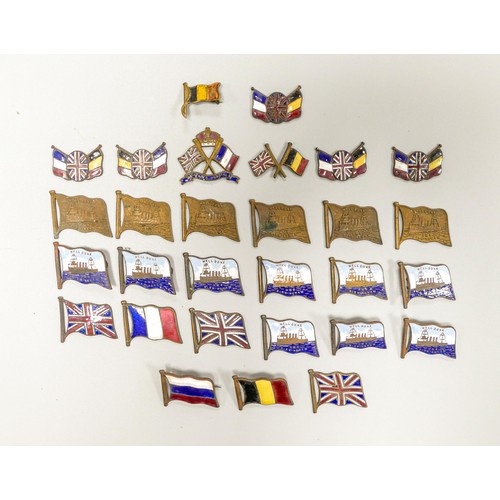 2265 - A collection of WWI era enamelled badges including Well Done HMS Birmingham Badges, Allied Powers Fl... 