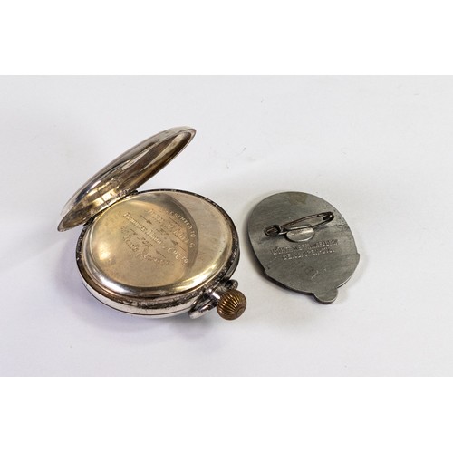 2817 - Silver keyless pocket watch from Robert Milne, Manchester, together with Nazi 1935 pre WWII badge