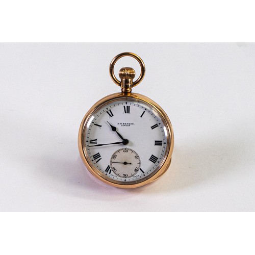 2822 - 9ct gold J W Benson top winding pocket watch, gross weight 84.5g, in box. In ticking order.