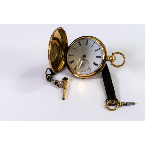 2829 - 18ct gold plated hunter pocket watch, with ornately decorated case.