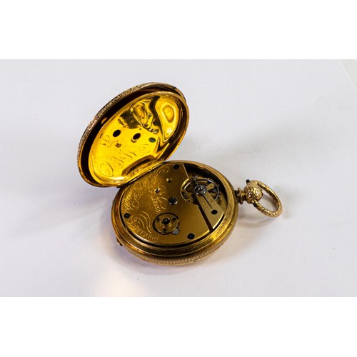 2829 - 18ct gold plated hunter pocket watch, with ornately decorated case.