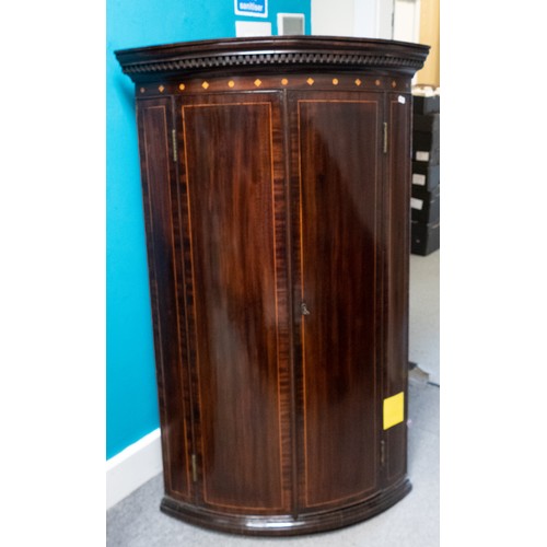 2029 - Georgian inlaid Mahogany bow fronted corner cupboard, width 79cm & height 116cm