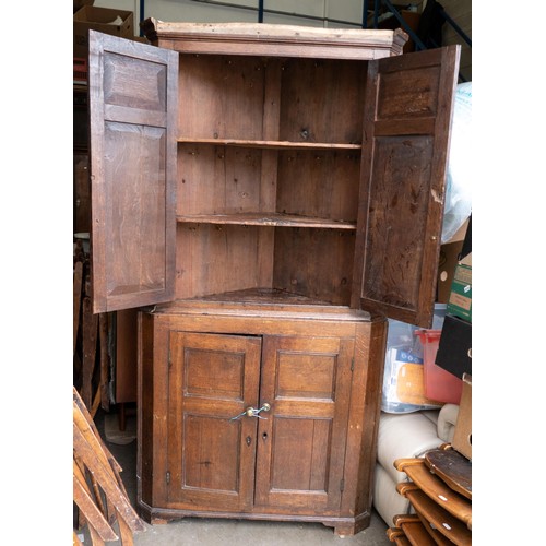 2055 - 19th century four door corner unit. Missing front part of pediment. 180cm high x 91.5cm wide x 44cm ... 