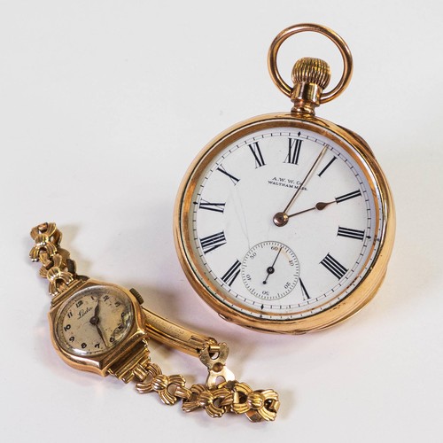 2820 - Gents 15 jewel keyless Waltham pocket watch in 14k gold plated, 25 year case (winds, ticks, sets & r... 