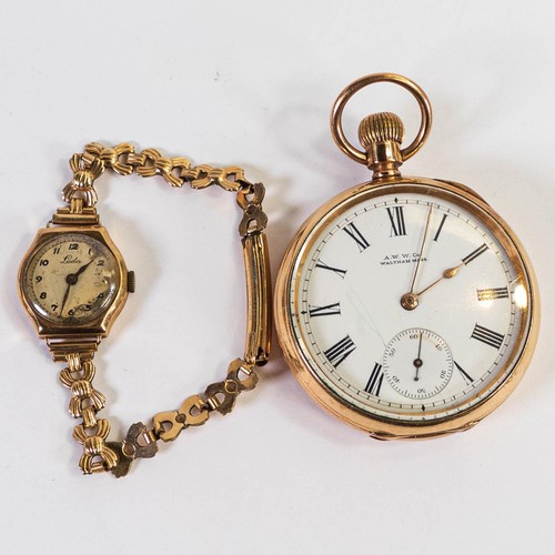 2820 - Gents 15 jewel keyless Waltham pocket watch in 14k gold plated, 25 year case (winds, ticks, sets & r... 