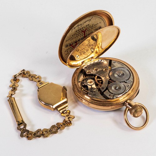 2820 - Gents 15 jewel keyless Waltham pocket watch in 14k gold plated, 25 year case (winds, ticks, sets & r... 