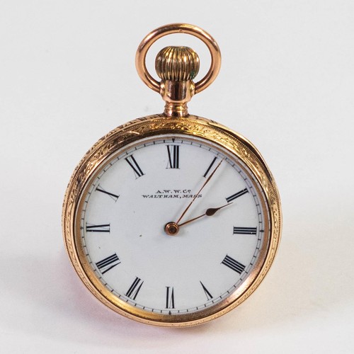 2821 - 10ct gold cased keyless Waltham pocket watch, mid size case (large ladies / small gents size, measur... 